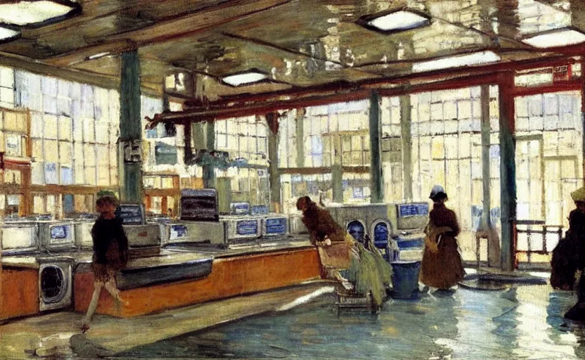 Image similar to interior of a modern laundromat, stanhope forbes, impressionist painting