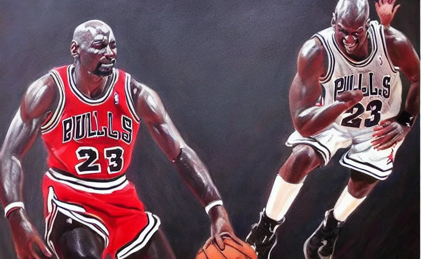 Image similar to beautiful painting of Michael Jordan!!!! playing basketball, NBA Finals, oil painting, masterpiece, highly detailed and ultra realistic, trending on artstation