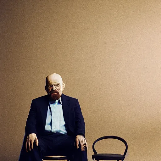 Image similar to walter white sitting on chair standing photo by annie leibovitz 8 0 mm lens bokeh