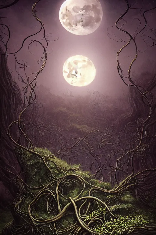 Image similar to a beautiful digital illustration painting of a detailed gothic fantasy full moon and roots, throne chair and vines, dramatic cinematic sky colors by benoit b. mandelbrot, steven belledin, martin johnson heade, lee madgwick, caspar david friedrich, and david rios ferreira. 8 k resolution trending on artstation concept art digital illustration