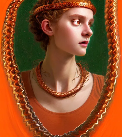 Image similar to portrait of teenage medusa, snake hair, naughty smile, wearing an embroidered orange tunic, intricate, elegant, copper and emerald jewelry, glowing lights, highly detailed, digital painting, artstation, concept art, smooth, sharp focus, seductive, illustration, art by wlop, mucha, artgerm, and greg rutkowski