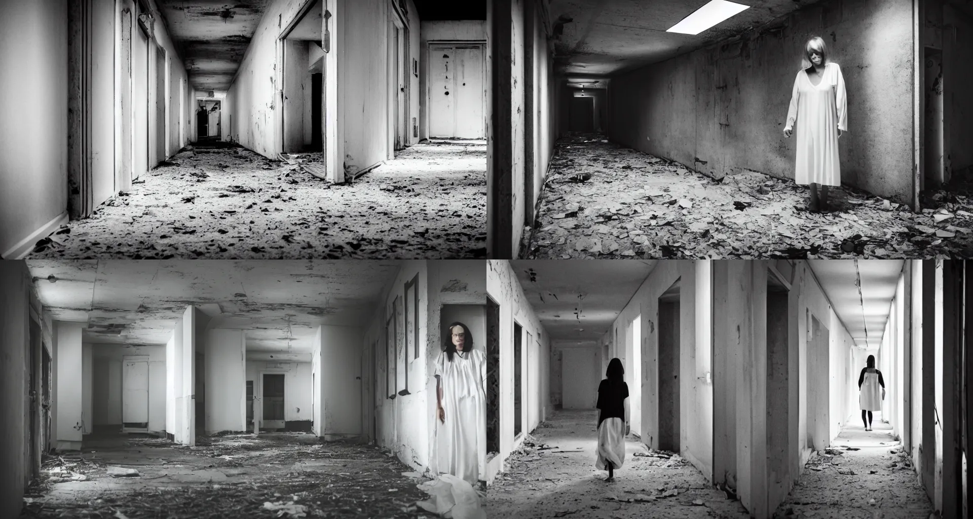 Prompt: A very macular woman in white, dark hallway in abandoned building at midnight, dark place, deep shadow, Close up, Front view, film still