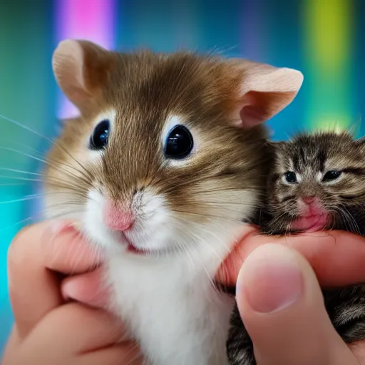 Prompt: photo of a hamster, holding hands with a kitten, in a cinema, various poses, unedited, soft light, sharp focus, 8 k