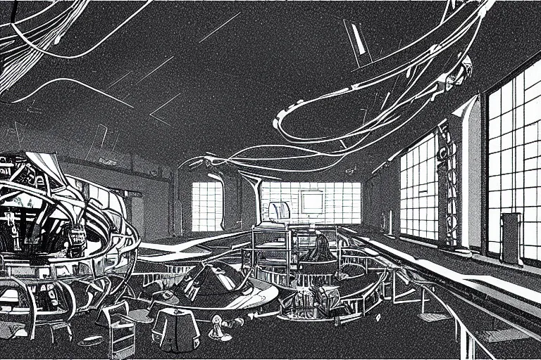 Prompt: a scifi illustration, factory interior. seen from above in FANTASTIC PLANET La planète sauvage animation by René Laloux, line brush