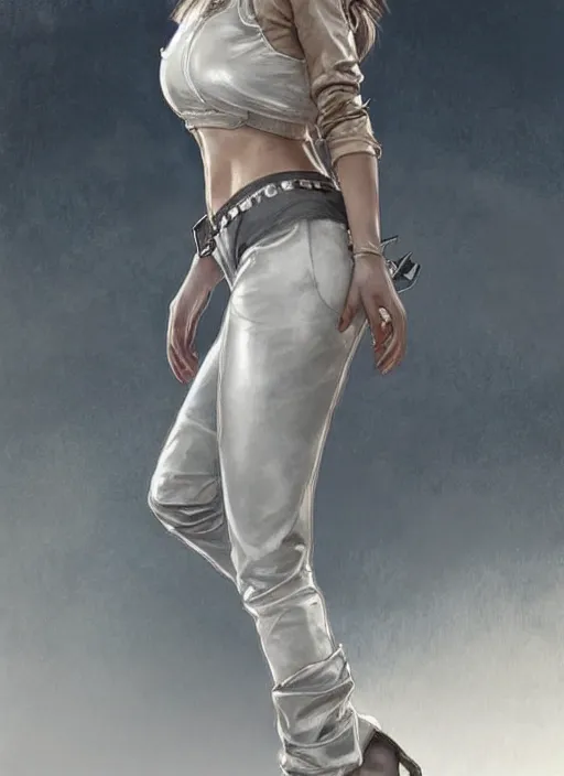 Image similar to girl in very short white! top and very short gray! leather jacket, open belly, long dark curly hair, high waist sweatpants, intricate, elegant, highly detailed, digital painting, artstation, concept art, smooth, illustration, art by artgerm and greg rutkowski and alphonse mucha