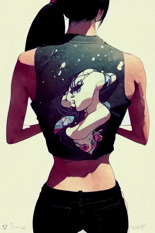 Image similar to a ultradetailed beautiful back painting of a stylish woman, she is wearing a black tank top and jeans, her hair is in a pony tail, by conrad roset, greg rutkowski and makoto shinkai trending on artstation