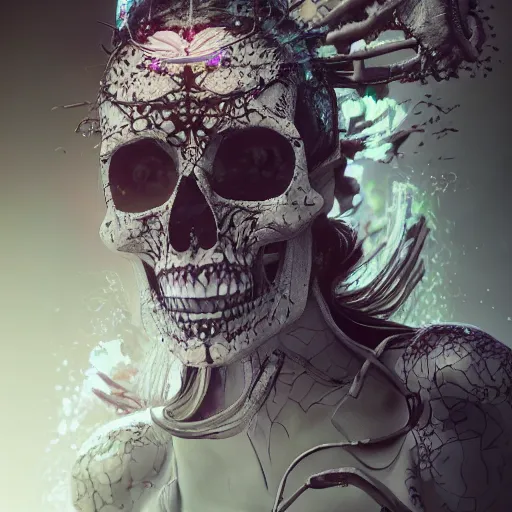 Image similar to full body pose, hyperrealistic mixed media painting of beautiful skull woman, dim volumetric lighting, 8 k, octane beautifully detailed render, extremely hyper detailed, intricate, epic composition, cinematic lighting, masterpiece, trending on artstation, very very detailed, masterpiece, stunning, hdr, smooth, sharp focus, high resolution, award, winning photo, dslr, 5 0 mm