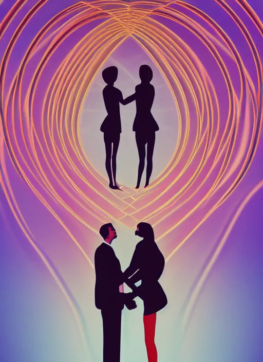 Prompt: style of santiago calatrava, perfectly centered symmetrical balanced male and female portrait of man and woman in love sharing one heart. high coherence ; fractal geometrical cartoon 8 k ultra hd