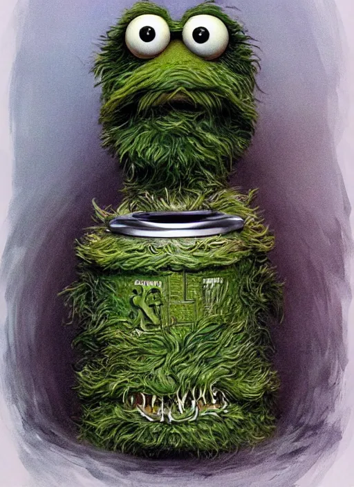 Image similar to portrait of Oscar The Grouch in The Thing (1982), highly detailed, centered, solid color background, digital painting, artstation, concept art, smooth, sharp focus, illustration, artgerm, donato giancola, Joseph Christian Leyendecker, Les Edwards, Ed Repka, WLOP, Artgerm