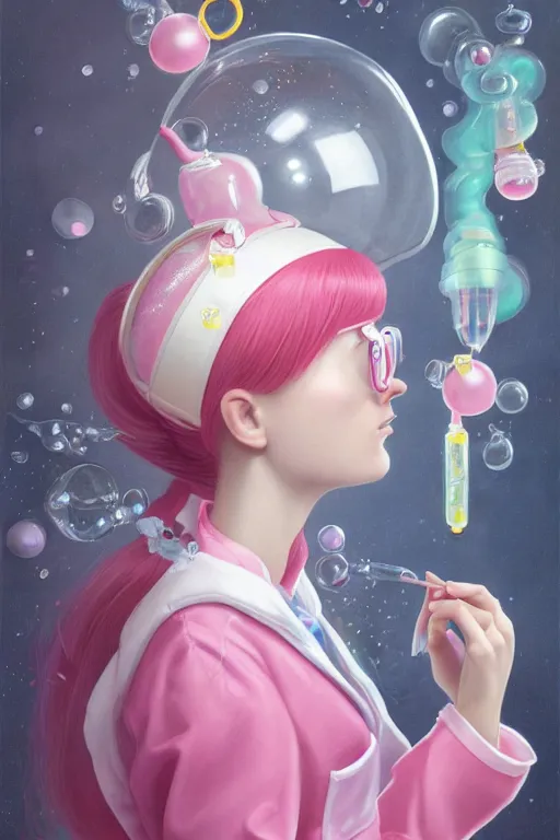 Prompt: highly detailed, profile portrait of young adult princess bubblegum, experimenting in her science lab, wearing lab coat and safety glasses and sapphire tiara, bubblegum hair with sapphire tiara, bubblegum face, bubblegum body, depth of field, illustration, concept art by nicoletta ceccoli, mark ryden, lostfish, detailed and intricate environment, 8 k resolution, hyperrealistic, octane render