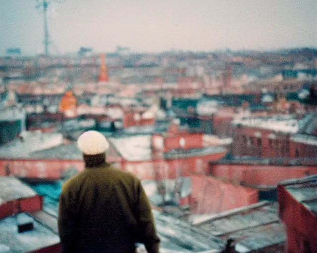 Image similar to lomo photo of man standing on the roof of soviet hrushevka, small town, cinestill, bokeh, out of focus