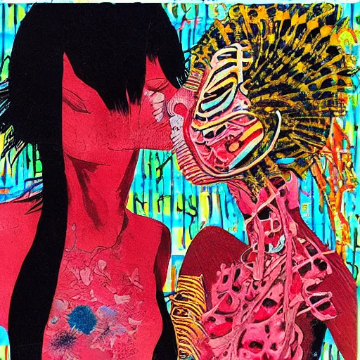 Image similar to beautiful painting of two bizarre psychedelic women kissing each other closeup in tokyo in summertime, speculative evolution, mixed media collage by basquiat and junji ito, magazine collage art, paper collage art, sapphic art, lesbian art