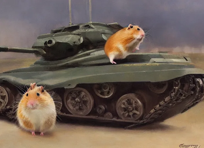 Image similar to a highly detailed beautiful portrait of an evil hamster on a tank, by gregory manchess, james gurney, james jean