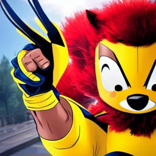 Image similar to wolverine from marvel holding hands with the wendys mascot