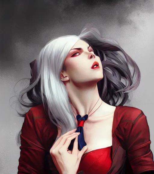 Image similar to a vampire girl, fangs out, grey hair, red necktie, cinematic, stunning, highly detailed, digital painting, artstation, smooth, hard focus, full body shot, illustration, art by artgerm and greg rutkowski and alphonse mucha