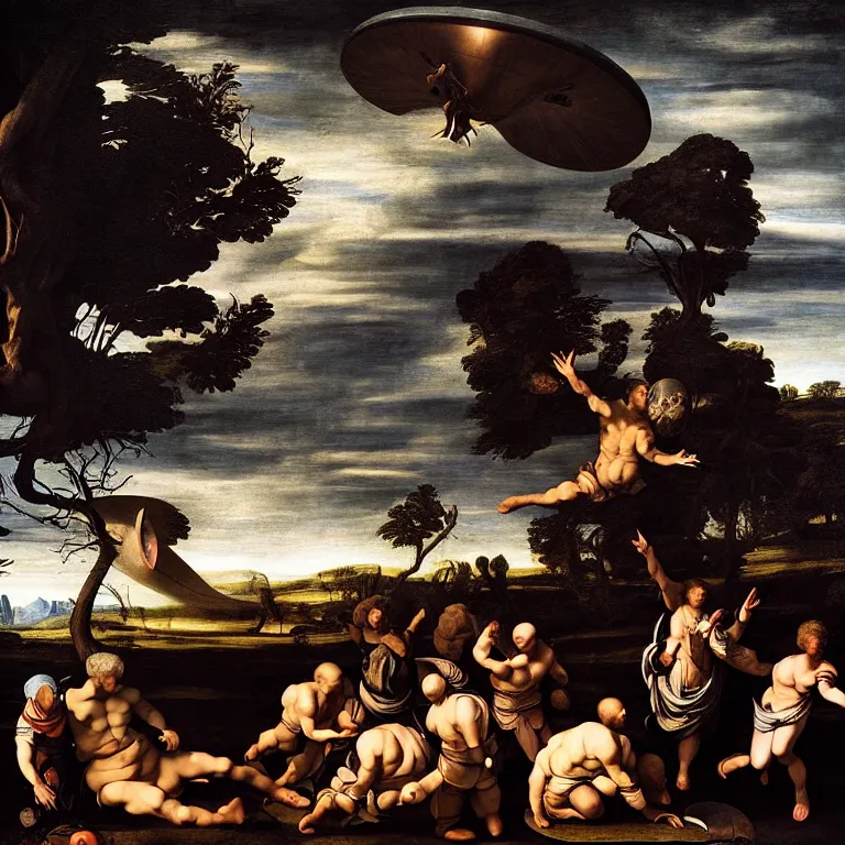 Prompt: portrait of prehistoric man meeting Aliens, UFO flying saucer in the sky, prehistoric times, prehistory, baroque painting, beautiful detailed intricate insanely detailed 8K artistic photography, photorealistic, chiaroscuro, Raphael, Caravaggio