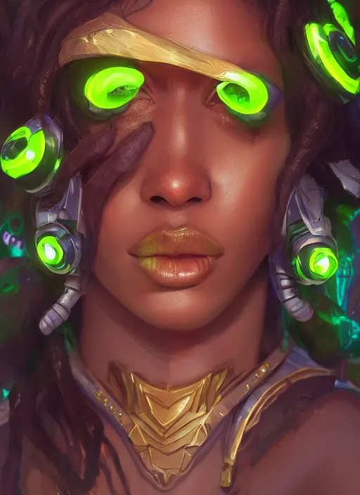 Prompt: senna from league of legends, au naturel, hyper detailed, brown skin, fluorescent green eyes, digital art, trending in artstation, cinematic lighting, studio quality, smooth render, unreal engine 5 rendered, octane rendered, art style by klimt and nixeu and ian sprigger and wlop and krenz cushart