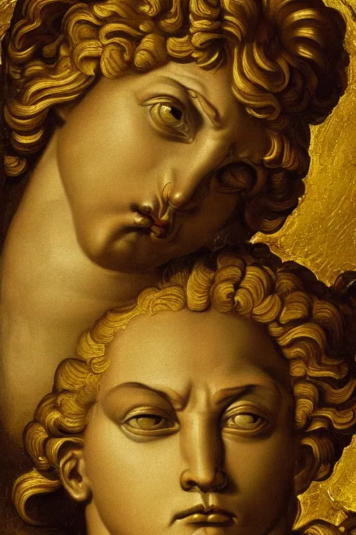 Image similar to archangel Michael, agony face, closeup, ultra detailed, made in gold, Guido Reni style