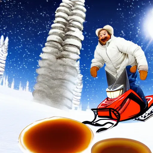 Prompt: a canadian hoser jumping a snowmobile over a giant stack of maple syrup pancakes, photorealistic, hyper realistic