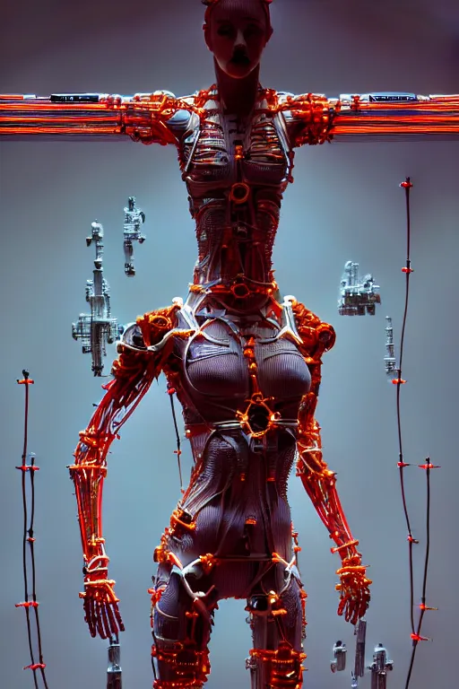 Image similar to , high detailed space station interior, a statue jesus on cross made of red marble with wires, tubes, veins, perfect symmetrical body, full body shot, inflateble shapes, white biomechanicaldetails, wearing epic bionic cyborg implants, masterpiece, intricate, biopunk, vogue, highly detailed, artstation, concept art, cyberpunk, octane render