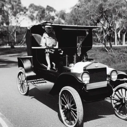 Prompt: a quokka driving a model t ford, black and white photograph