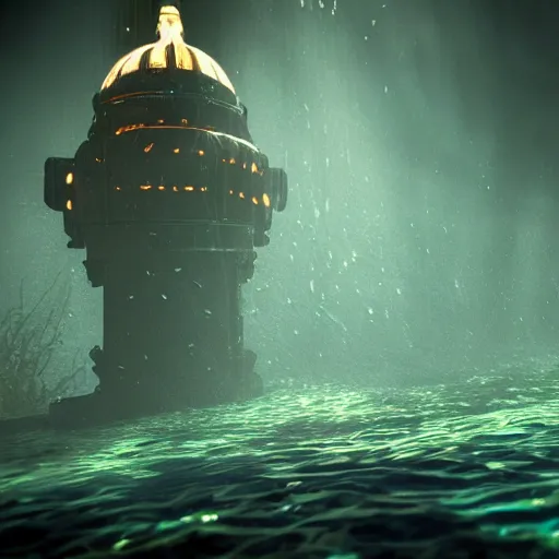 Image similar to rapture bioshock, city at sea floor, water, submerged, seaweed, fish, realistic, detailed, underwater, dark, underwater underwater underwater underwater underwater