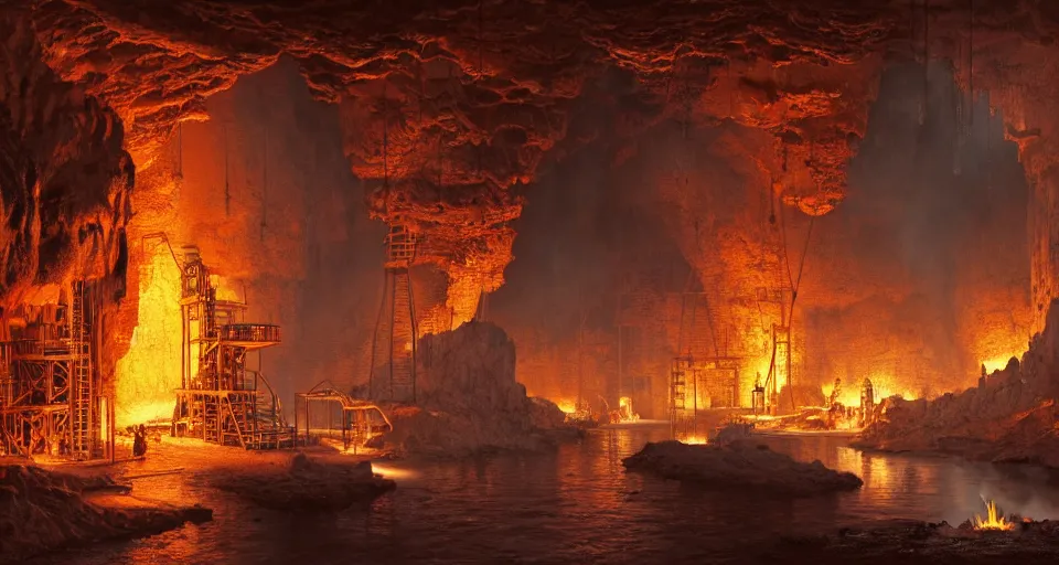 Image similar to a highly detailed digital matte painting of a high-tech smelting pit in a cave, streams of molten iron, workers, large long pipes, by Raphael Lacoste and Stephan Martiniere and Peter Mohrbacher and Robert McCall, volumetric lighting, hyperdetailed, octane render, 8k H- 640