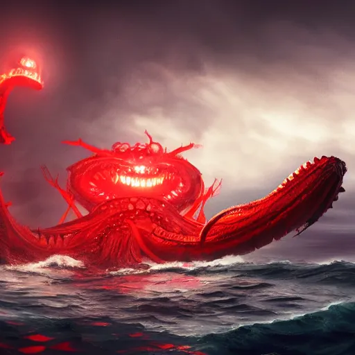 Image similar to a giant kraken with glowing red eyes eating a battle ship, 4k, artstation, digital art