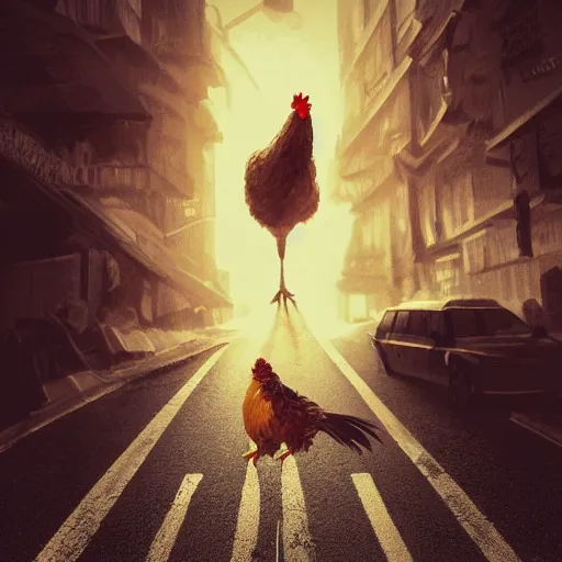 Image similar to A chicken with a human head crossing the road, dramatic lighting, artstation, cgsociety, Industrial Scifi, detailed illustration, intricate