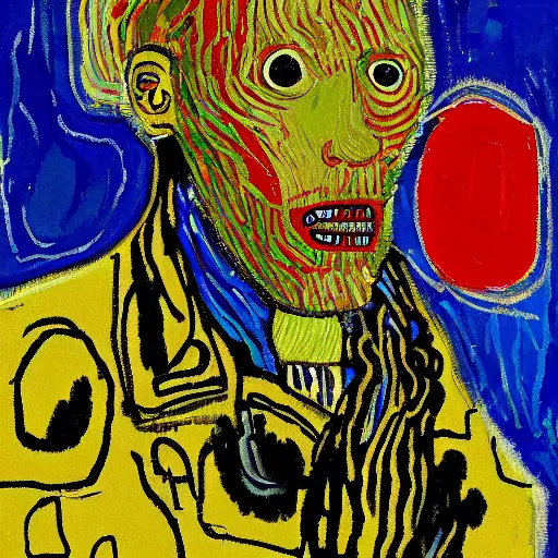 Prompt: artificial intelligence painting by van Gogh klimt Jean-Michel Basquiat