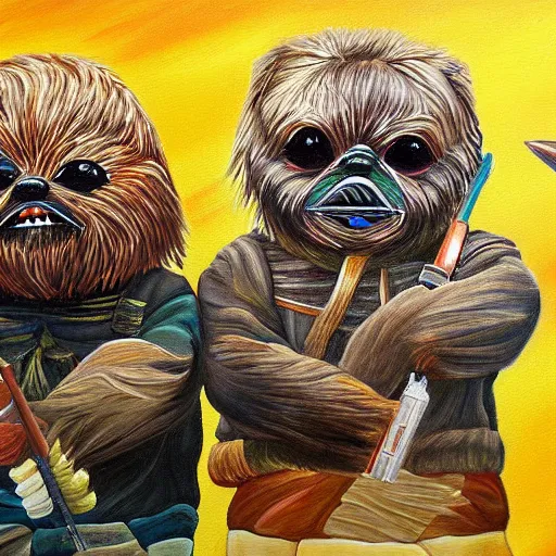 Prompt: a very high detailed painting of the ewoks star wars