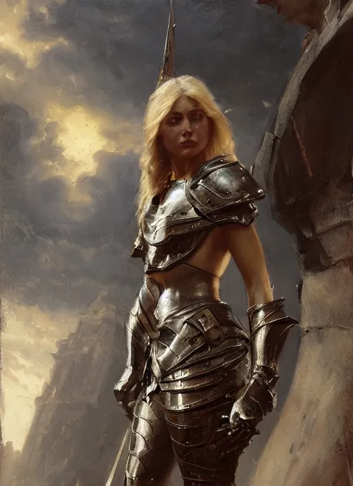 Image similar to short muscular blonde woman wearing medieval armour, detailed by gaston bussiere, bayard wu, greg rutkowski, giger, maxim verehin, greg rutkowski, masterpiece, sharp focus, cinematic lightning