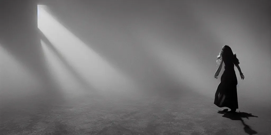 Image similar to high - contrast cinematic atmospheric photo of a lost girl looking backwards by fan ho, realistic, god rays