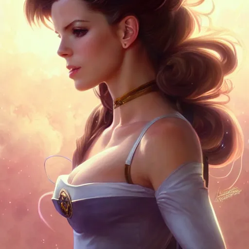 Image similar to Kate Beckinsale as Sailor Moon, western, D&D, fantasy, intricate, elegant, highly detailed, digital painting, artstation, concept art, matte, sharp focus, illustration, art by Artgerm and Greg Rutkowski and Alphonse Mucha