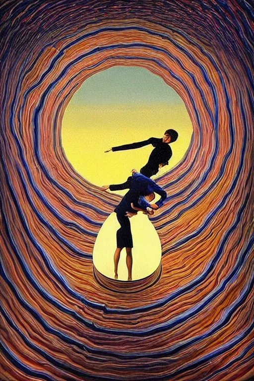 Prompt: optical illusion painting of a couple dancing in a worm hole, illusionism, look twice, mind blow, by leandro erlich and salvador dali, detailed