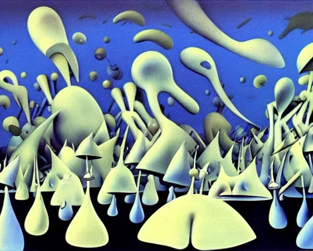 Prompt: yves tanguy art. a still from totoro, re imagined in the style of yves tanguy. surrealism, dadaism, ghibli