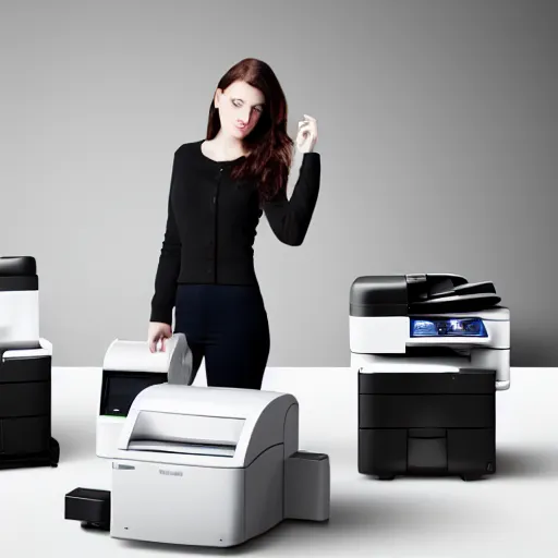 Prompt: a woman surrounded by printers, photorealistic, studio lighting, white ambient background, highly detailed