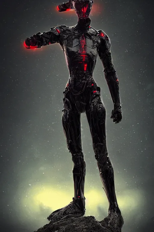 Image similar to Cinestill 50d, 8K, 35mm, beautiful ultra realistic, technology, battle ready grim reaper, retrofuturism, highly detailed, artgerm, artstation, extreme closeup three-quarter android portrait, tilt shift LaGrange point orbit background, three point perspective, focus on portrait of two androids;pointé pose; eye contact, kinemacolor, soft lighting