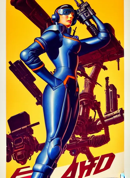 Image similar to american propaganda poster art. powerful cyberpunk pilot. portrait by jean giraud and anton otto fischer and john philip falter and will eisner and gil elvgren and pixar. full body. realistic proportions. science fiction d & d. overwatch, rb 6 s, cyberpunk 2 0 7 7, blade runner 2 0 4 9 concept art. cel shading. thick lines.