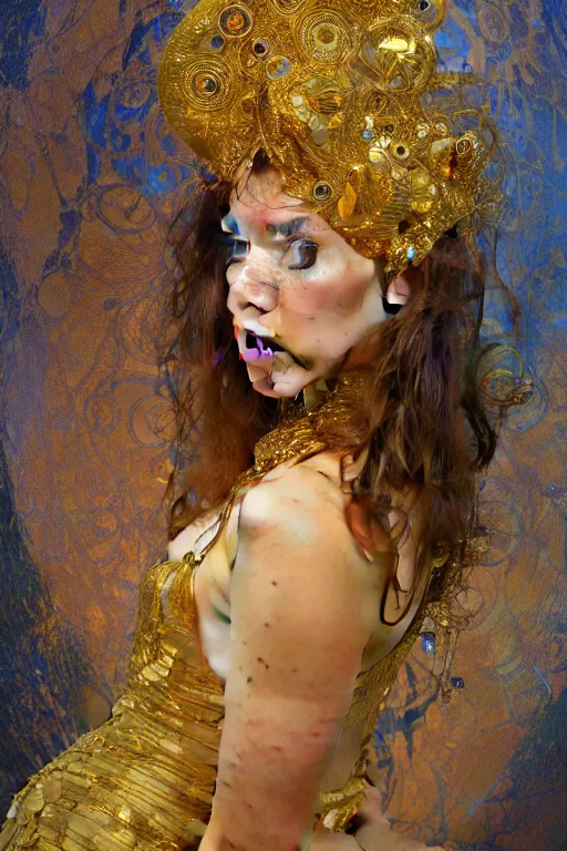 Image similar to an intricate artistic pose painting of a beautiful young girl with an artistic pose with klimt golden motives and textures, hyper detailed, ornamental gold headpiece, octane render, vivid colors, artstation, by jeremy mann, by alphonse mucha, by boris vallejo