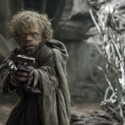 Prompt: yoda as tyrion lannister holding a crossbow in game of thrones, movie still