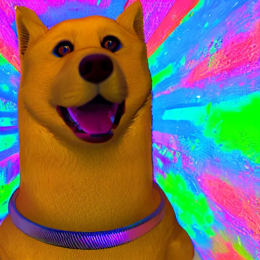 Image similar to doge, lsd, colorful, realistic, 8k, volumetric lighting, detailed,