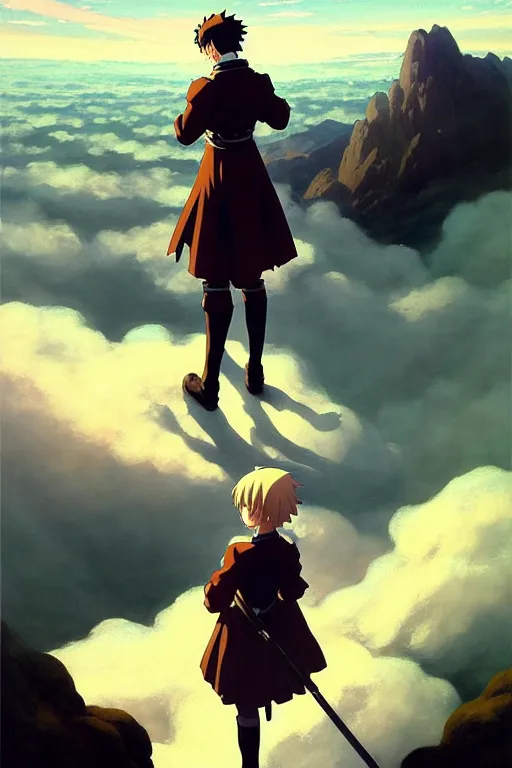 Image similar to anime key visual of wanderer above the sea of fog 1 8 1 8 but figure is anime maid in armor set in grimdark fantasy, in the style of jamie wyeth james gilleard edward hopper greg rutkowski acrylic painting, oil on canvas, preserved museum piece, historical