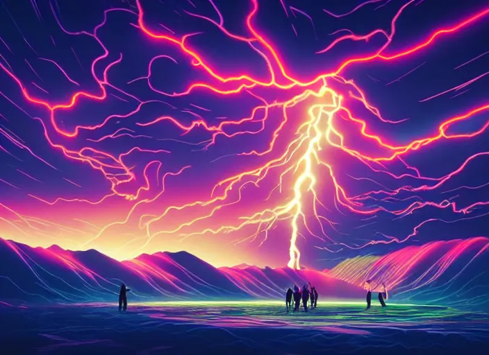 Prompt: abstract lightning storm by tomokazu matsuyama and dan mumford, unreal engine, high resolution render, featured on artstation, octane, 8 k, highly intricate details, vivid colors, vector illustration