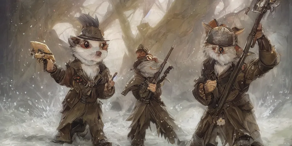 Image similar to dungeons and dragons fantasy painting, portrait of an roborovski dwarf hamster in a suit and tie with a rifle, whimsical and cute, determined expression, watery eyes, anime inspired by krenz cushart, light grey fur, tufty whiskers, bamboo forest, dawn lighting, by brian froud jessica rossier and greg rutkowski