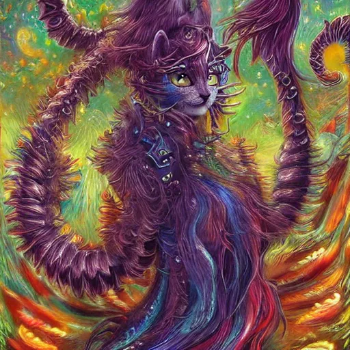 Prompt: cat seahorse shapeshifter, long haired humanoid voidpunk fursona, detailed painterly digital art by wlop, louis wain, lisa frank, furaffinity, cgsociety, trending on deviantart