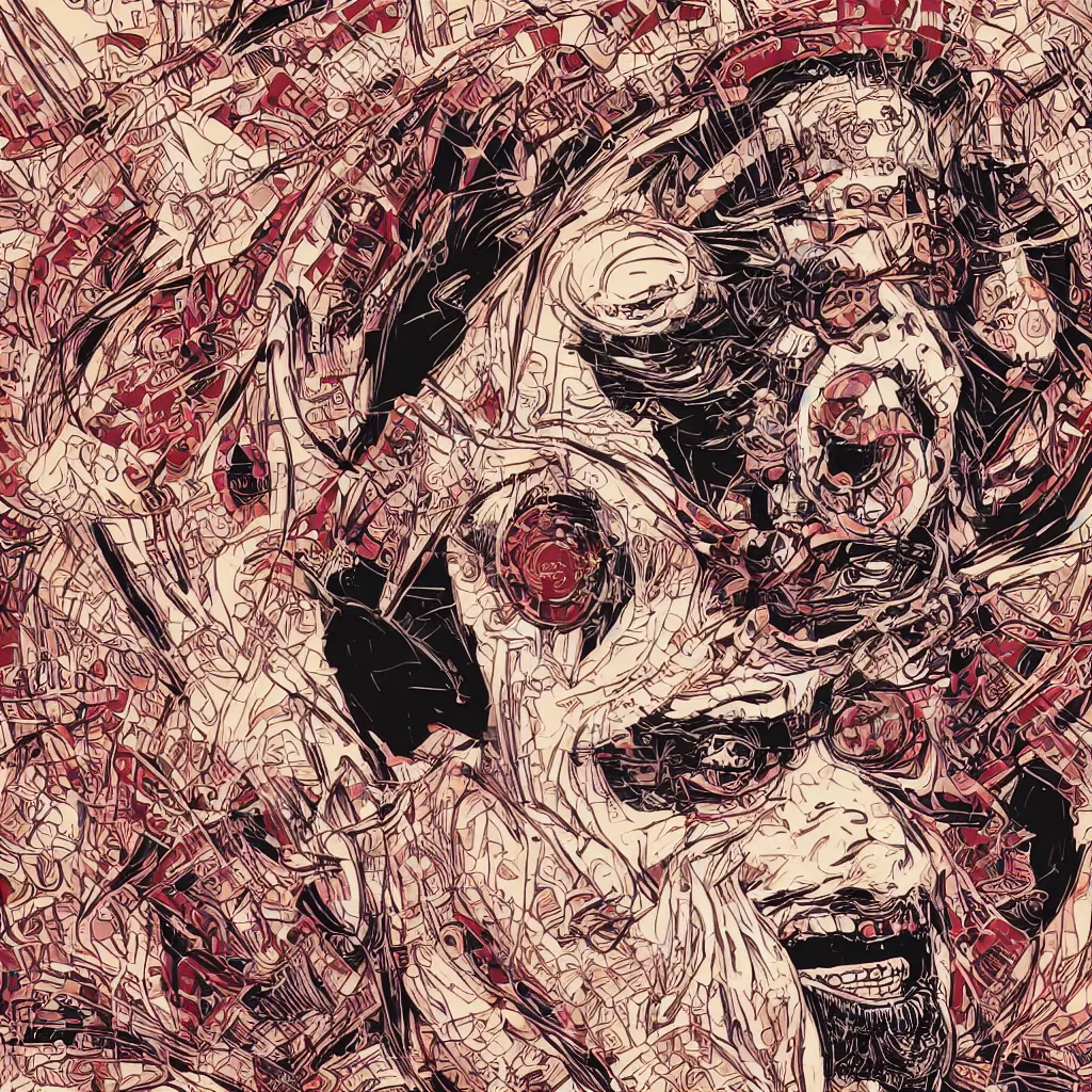 Prompt: face portrait of crazy peking opera character screaming with round strampunk sunglasses, close - up, symmetrical, by yoichi hatakenaka, masamune shirow, josan gonzales and dan mumford, ayami kojima, vector art, simple clean lines, comics illustration, isolated character on plain white background