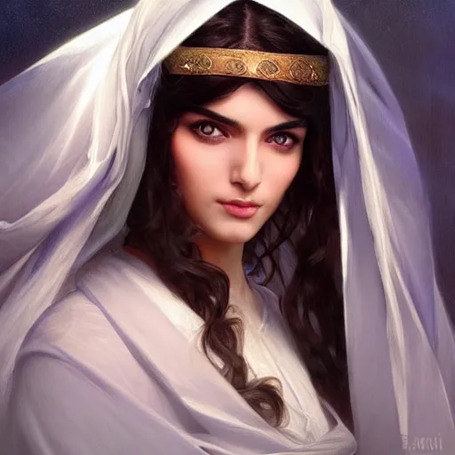 Image similar to ameera al taweel, bright blue eyes, long wavy black hair, white veil, digital painting, artstation, concept art, smooth, sharp focus, illustration, ArtStation, art by artgerm and greg rutkowski and alphonse mucha and Edmund Blair Leighton