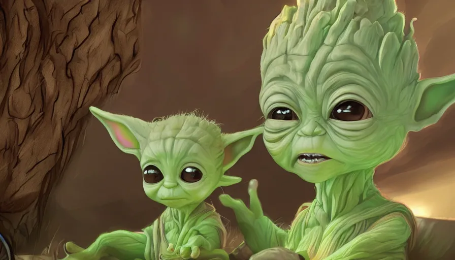 Prompt: Digital painting of Baby Yoda talking with Groot, hyperdetailed, artstation, cgsociety, 8k