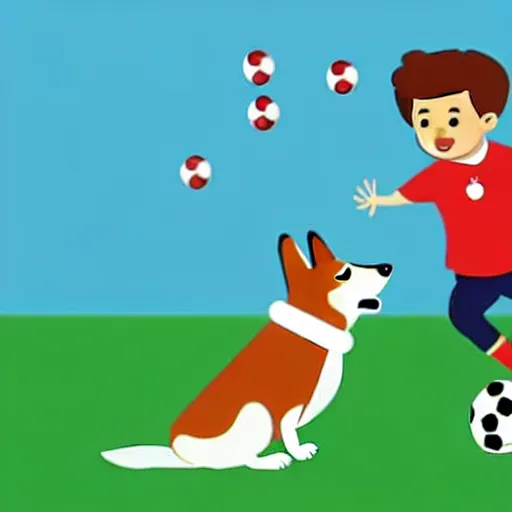 Image similar to illustration of french boy playing football with a corgi wearing a polka dot scarf in paris